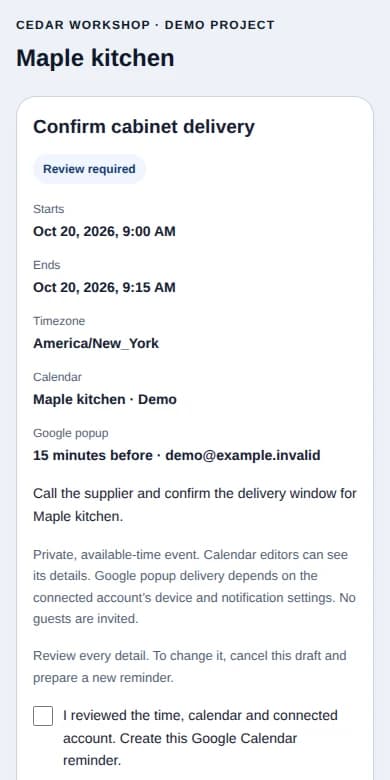 HomeCraft OS native Google Calendar reminder review showing a fictional cabinet delivery follow-up, destination, time and approval.